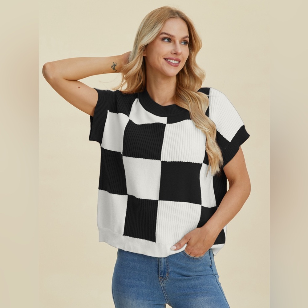 Black and White Checkered Short Sleeve Sweater- Double Take